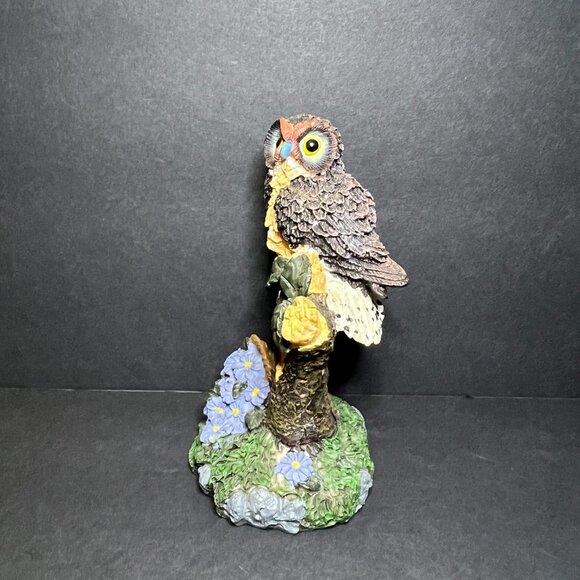 Decorative Rustic Resin Owl Perched on a Tree Stump w/ Floral Basket Figurine 5" - Picture 2 of 6